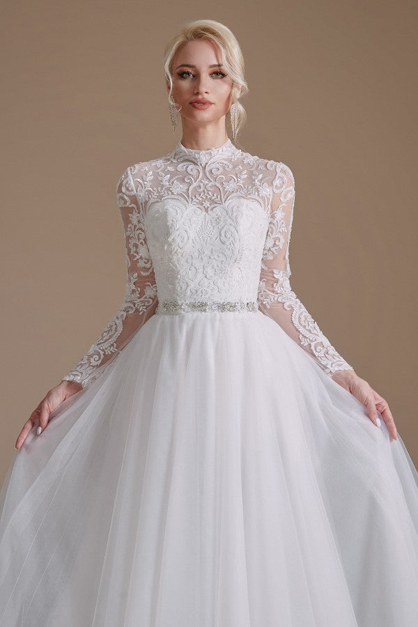 High Neck Long Sleeves Modest A-line Wedding Dress with Tulle Lace