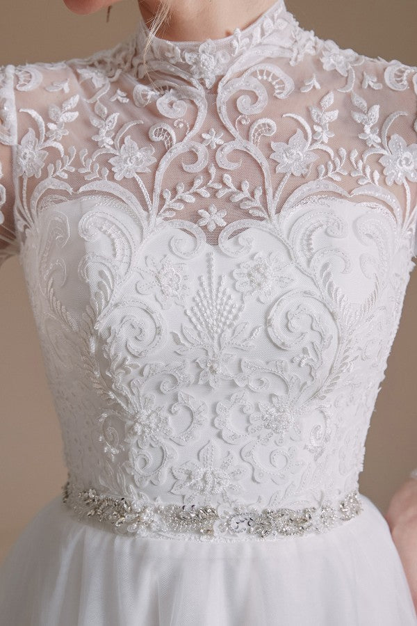 High Neck Long Sleeves Modest A-line Wedding Dress with Tulle Lace