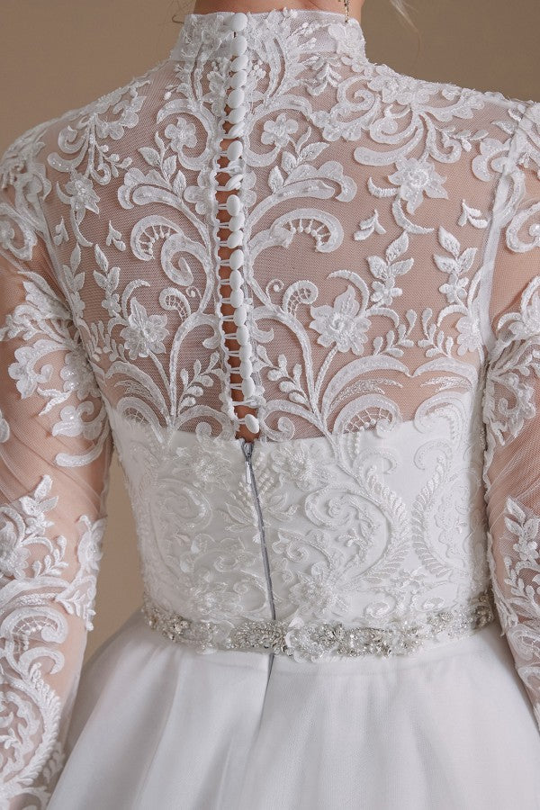 High Neck Long Sleeves Modest A-line Wedding Dress with Tulle Lace