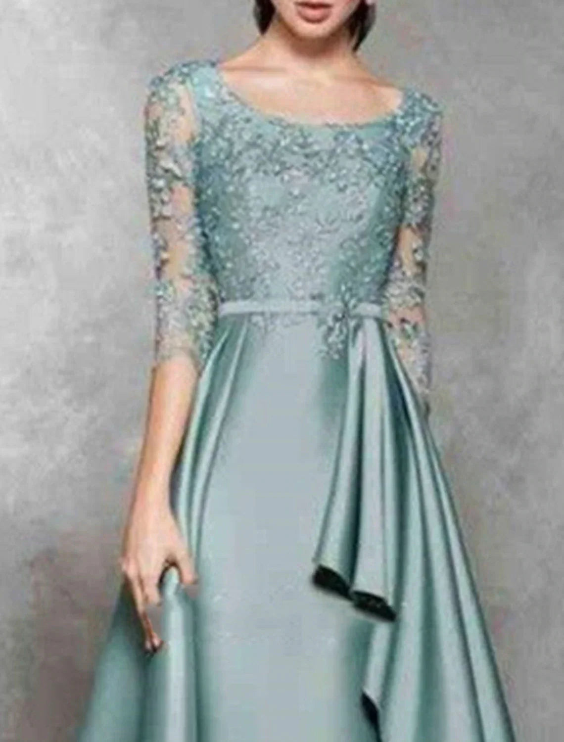 A-Line Mother of the Bride Dress Wedding Guest Elegant Jewel Neck Floor Length Satin Lace 3/4 Length Sleeve No with Sash / Ribbon Ruffles Appliques