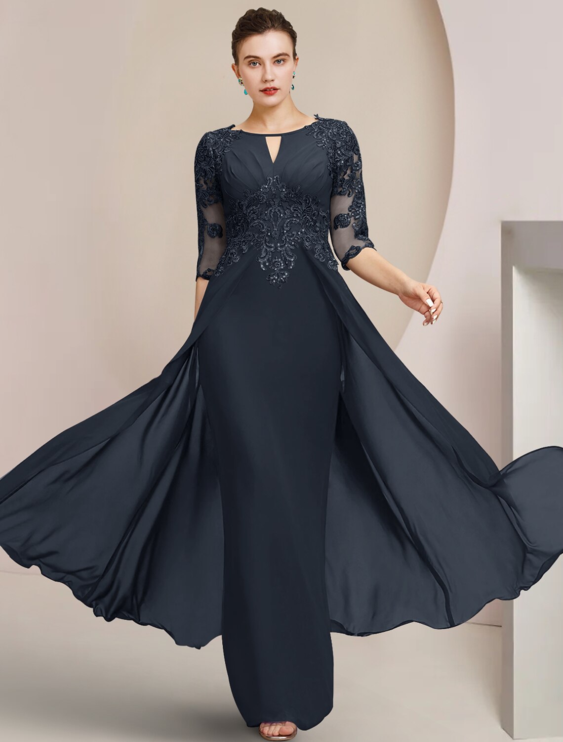 Aimishang Sheath / Column Mother of the Bride Dress Formal Wedding Guest Elegant Scoop Neck Floor Length Chiffon Lace Half Sleeve with Sequin Appliques