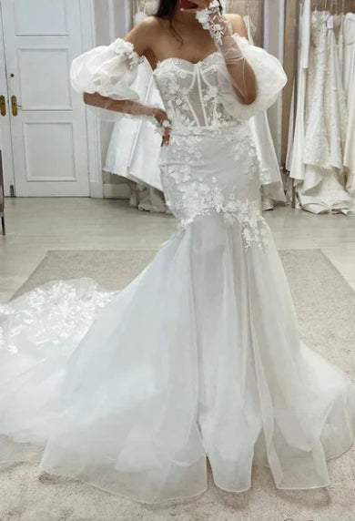 Tulle Trumpet Sweetheart Detachable Puff Sleeves Appliques With Tulle Train Wedding Dress Off Shoulder