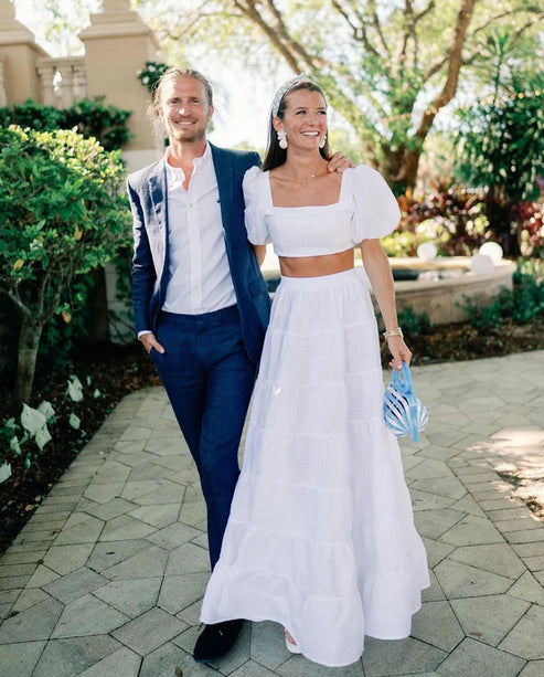 A Line Two Piece Square Neck Satin Long Wedding Dresses Short Sleeve White