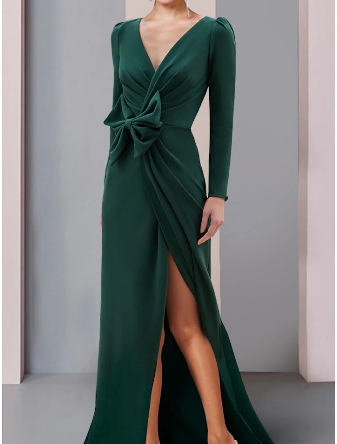 Aimishang A-Line Mother of the Bride Dress Wedding Guest Elegant V Neck Sweep / Brush Train Stretch Fabric Long Sleeve with Bow(s) Split Front Ruching