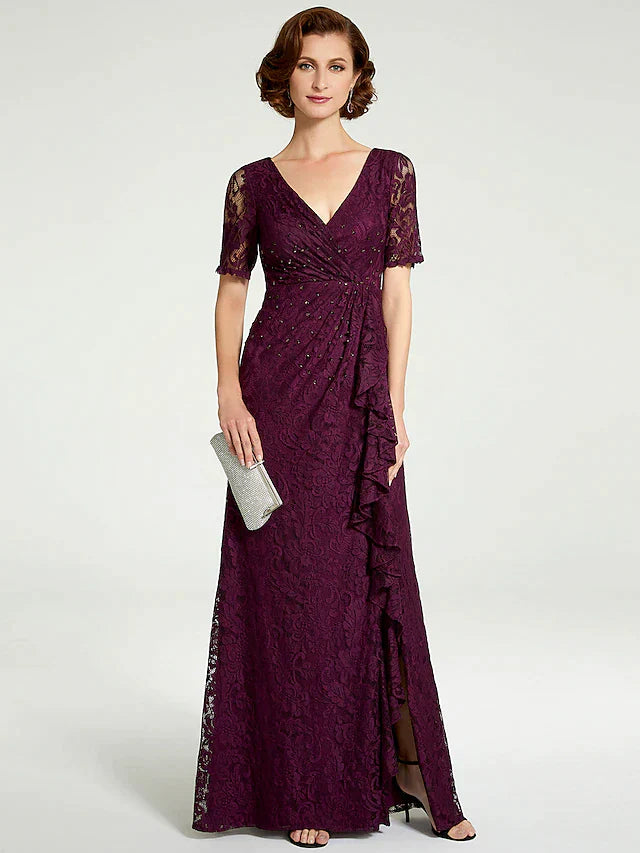 Sheath / Column Mother of the Bride Dress V Neck Floor Length Lace Short Sleeve with Lace Beading