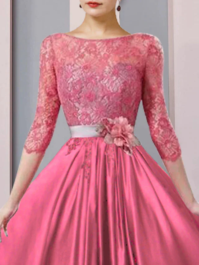 A-Line Mother of the Bride Dress Formal Church Party Elegant Scoop Neck Tea Length Satin Lace Half Sleeve with Sash / Ribbon Flower