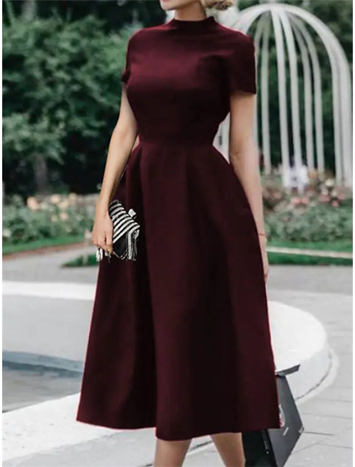 A-Line Wedding Guest Dresses Minimalist Dress Party Dress Wedding Party Tea Length Short Sleeve High Neck Satin with Pleats Pure Color