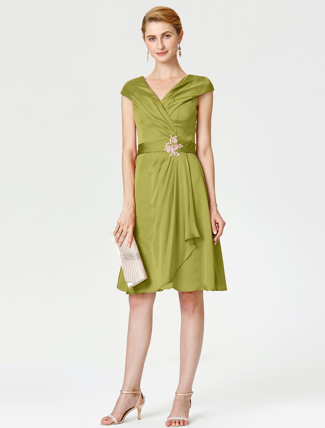 Aimishang A-Line Mother of the Bride Dress Elegant V Neck Knee Length Satin Chiffon Short Sleeve No with Sash / Ribbon Pleats Beading