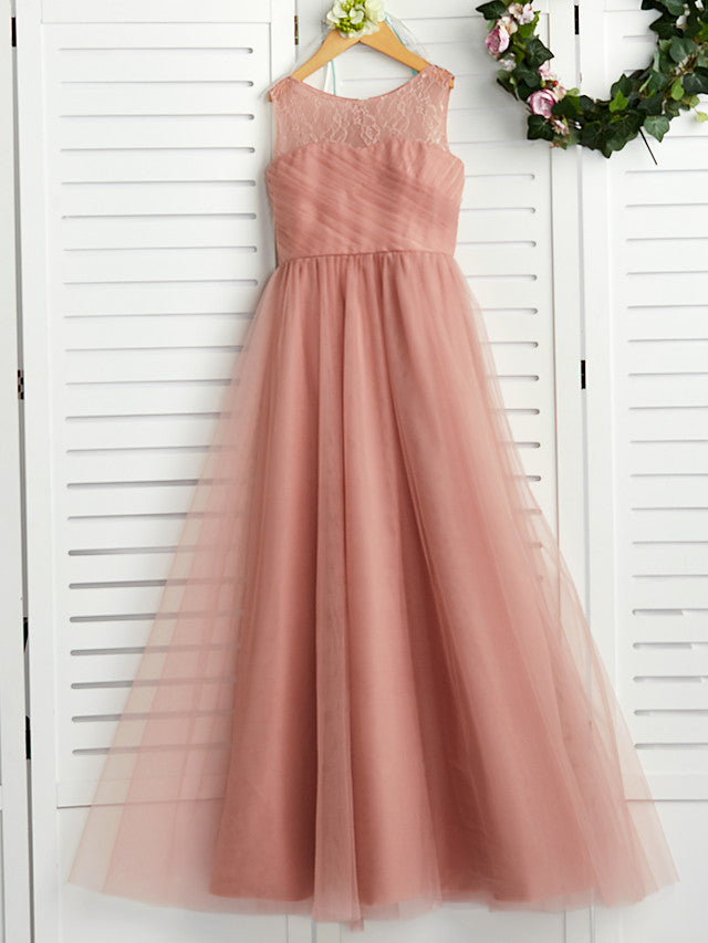 Jewel Sleeveless A-Line Maxi Flower Girl Dress with Tulle and Lace