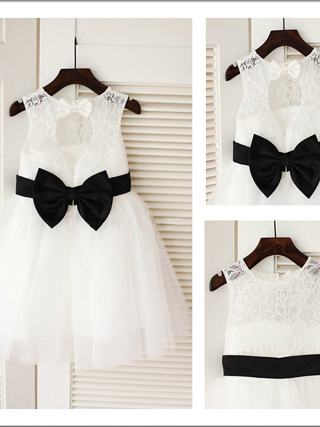 Jewel Sleeveless A-Line Tea Length Flower Girl Dress with Tulle and Lace Satin Belt