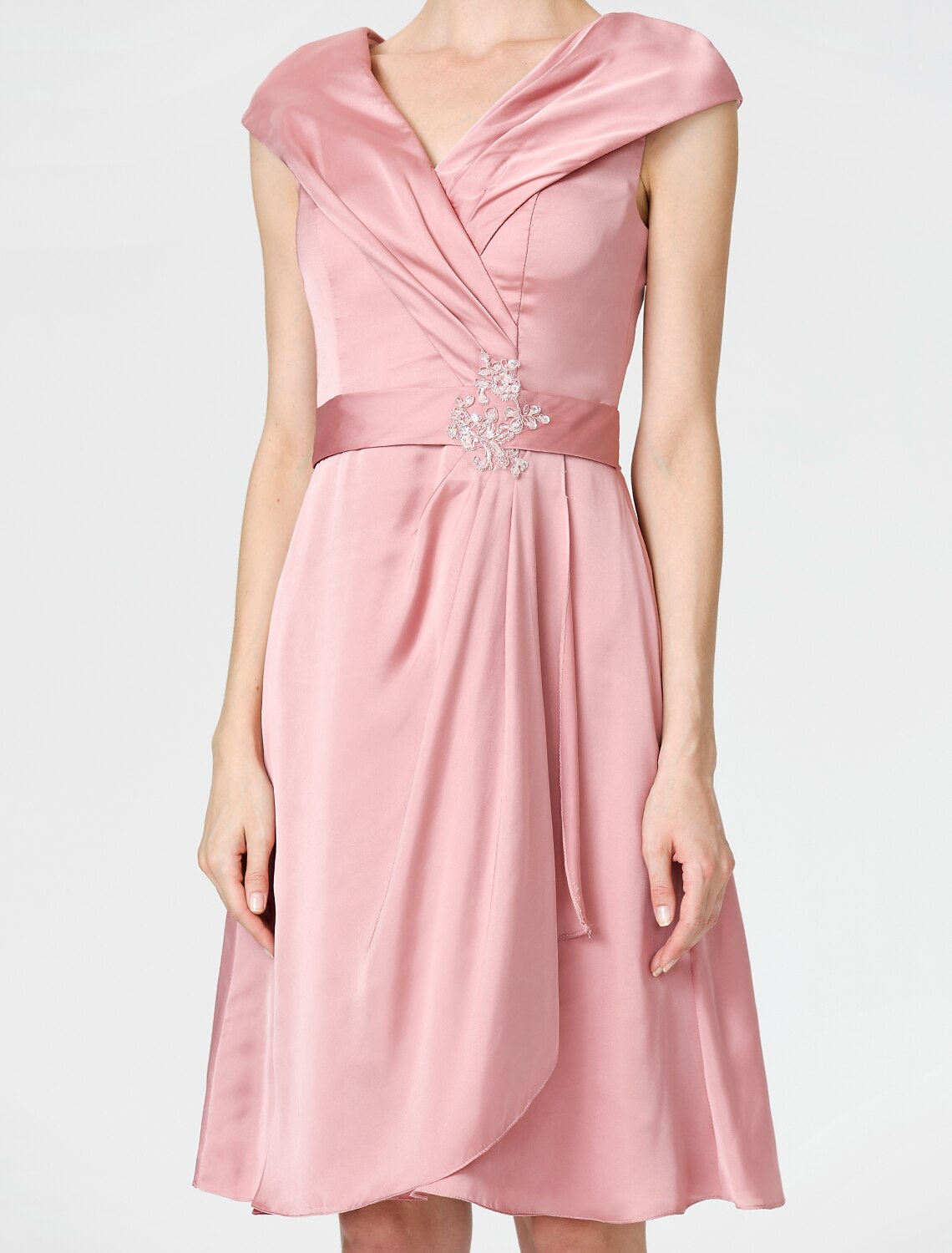 Aimishang A-Line Mother of the Bride Dress Elegant V Neck Knee Length Satin Chiffon Short Sleeve No with Sash / Ribbon Pleats Beading