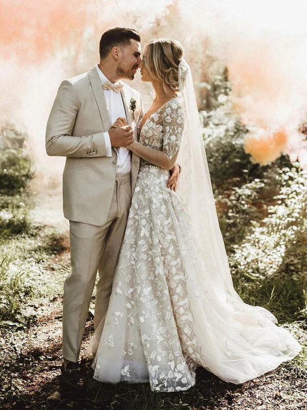 Romantic A-line Wedding Dresses With Long Sleeves Lace Bridal Gowns Elegant