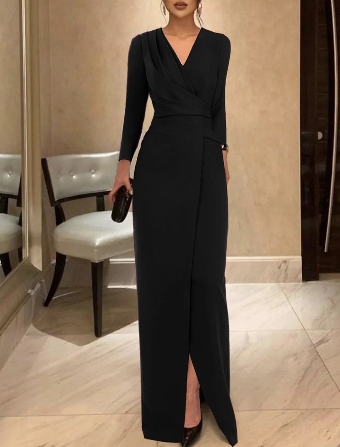 Sheath Black Dress Evening Gown Vintage Dress Formal Floor Length Long Sleeve V Neck Fabric with Ruched 2025