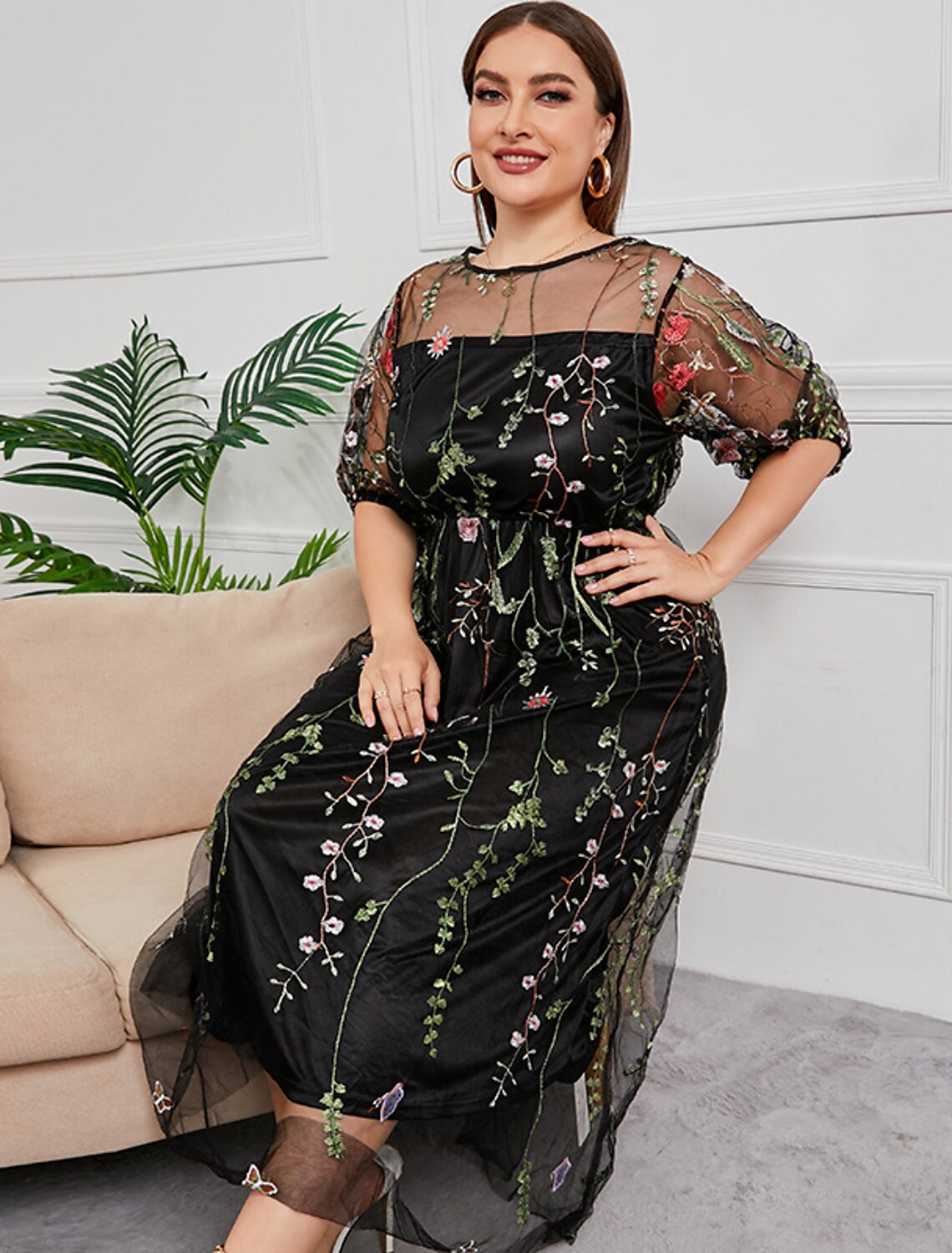 Mother of the Bride Dresses Plus Size Curve Hide Belly Party Plus Size Hide Belly Scoop Neck Ankle Length Tulle Half Sleeve with Embroidery Ruching