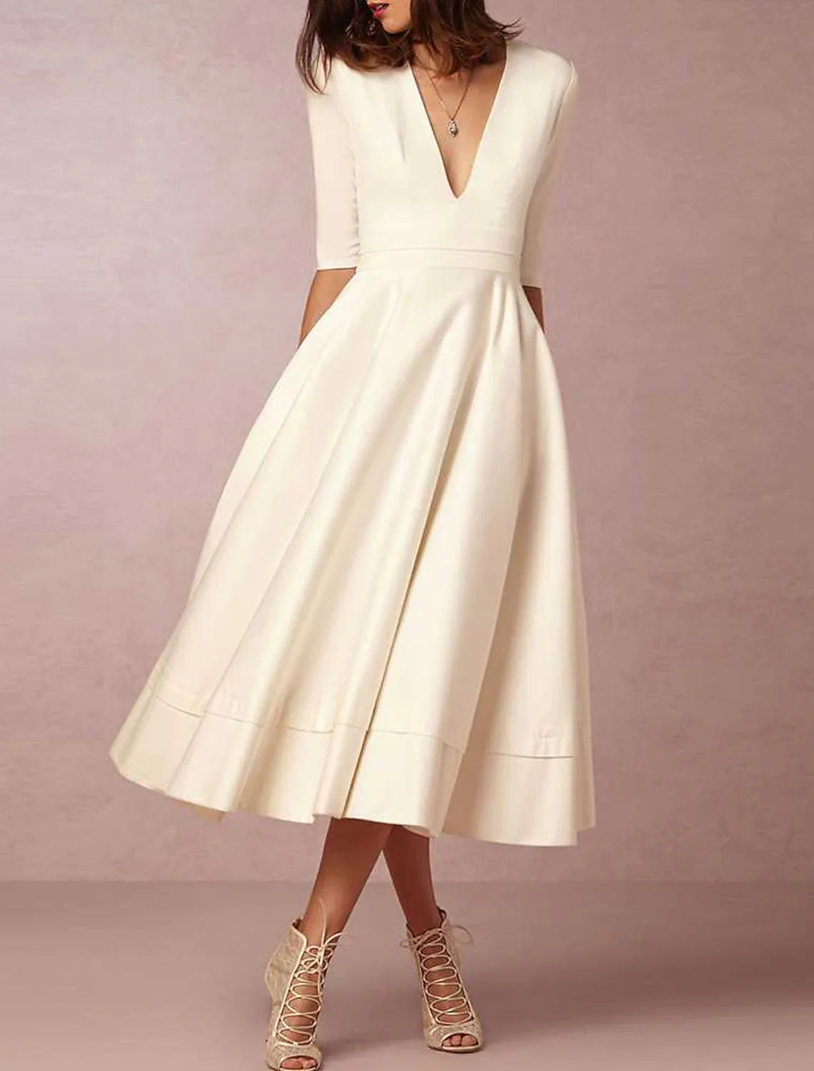Reception Vintage 1940s / 1950s Little White Dresses Wedding Dresses A-Line V Neck Half Sleeve Tea Length Satin Bridal Gowns With Pleats White & Ivory ship in 48 hours