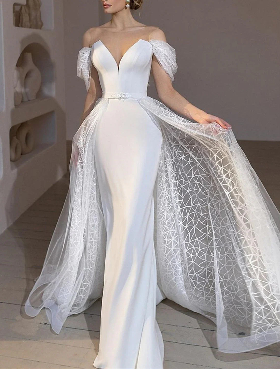 Aimishang Beach Glitter & Sparkle Wedding Dresses Mermaid / Trumpet Off Shoulder Cap Sleeve Court Train Satin Bridal Gowns With Solid Color