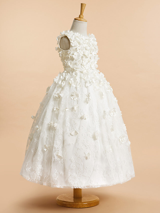 Lace-Accented Sleeveless A-Line Tea Length Flower Girl Dress