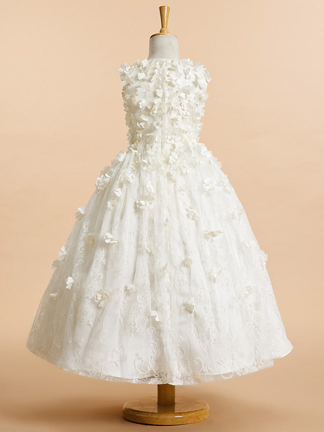 Lace-Accented Sleeveless A-Line Tea Length Flower Girl Dress