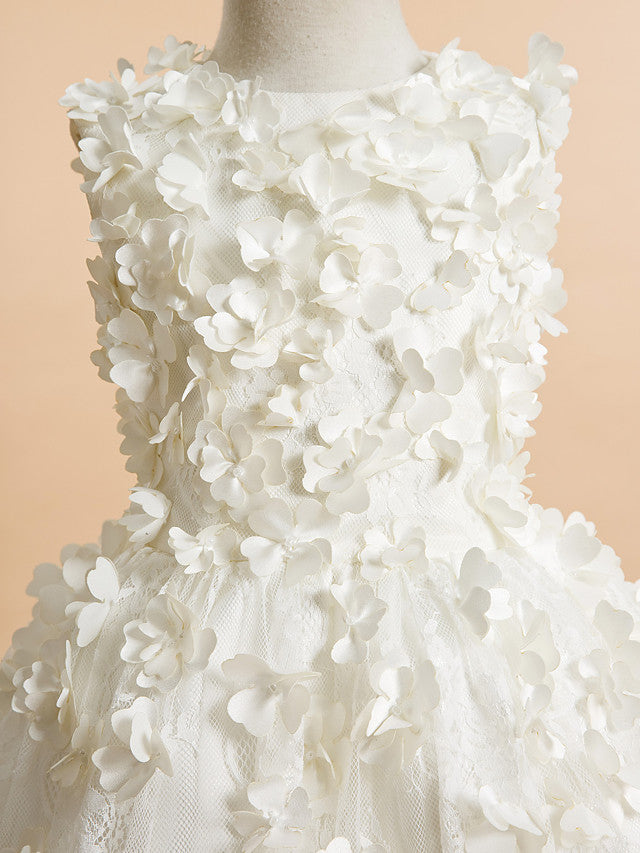 Lace-Accented Sleeveless A-Line Tea Length Flower Girl Dress