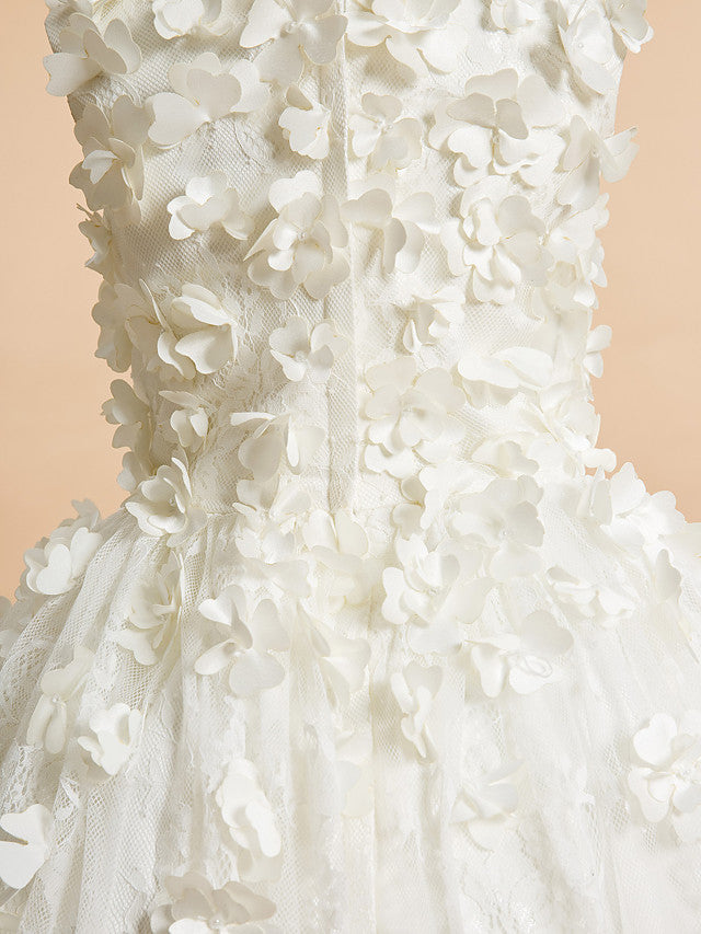 Lace-Accented Sleeveless A-Line Tea Length Flower Girl Dress