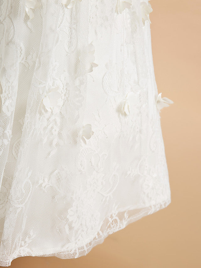 Lace-Accented Sleeveless A-Line Tea Length Flower Girl Dress