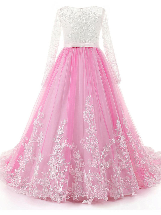 Lace Beading Appliques Buttons Ball Gown Sweep / Brush Train Flower Girl Dress