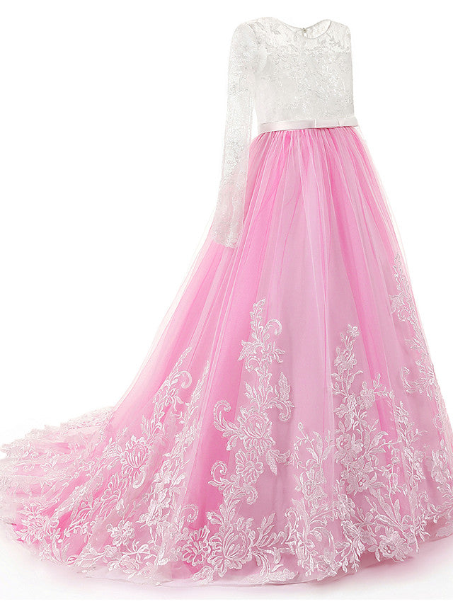 Lace Beading Appliques Buttons Ball Gown Sweep / Brush Train Flower Girl Dress