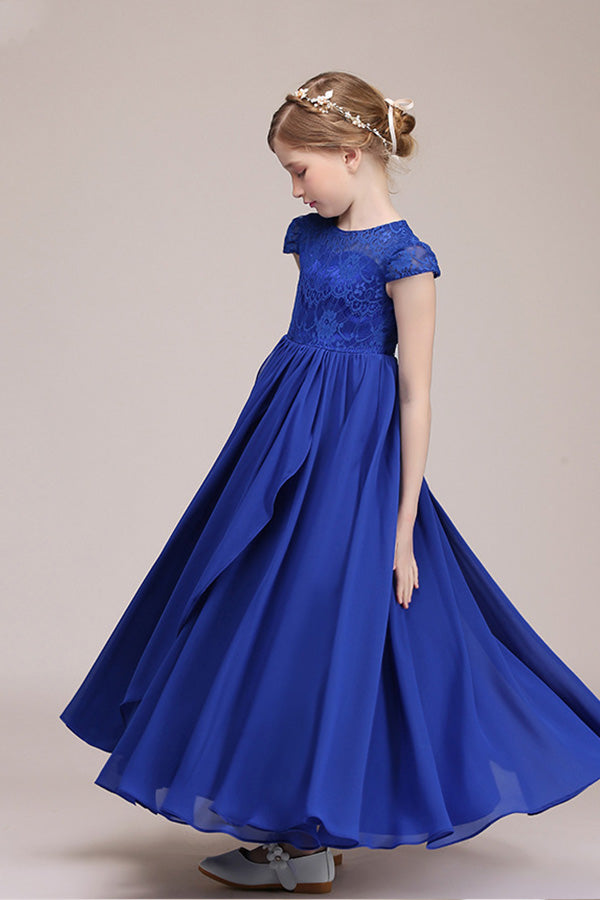Lace Embellished Royal Blue Illusion Neck Flower Girl Dress