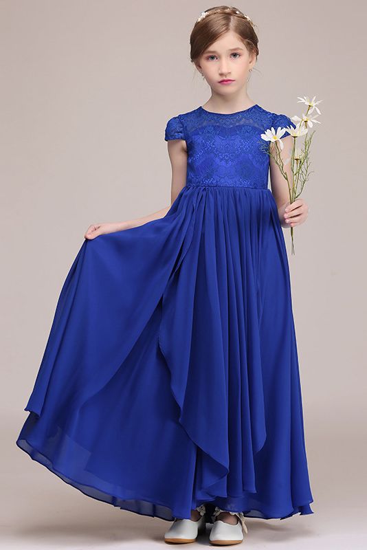 Lace Embellished Royal Blue Illusion Neck Flower Girl Dress