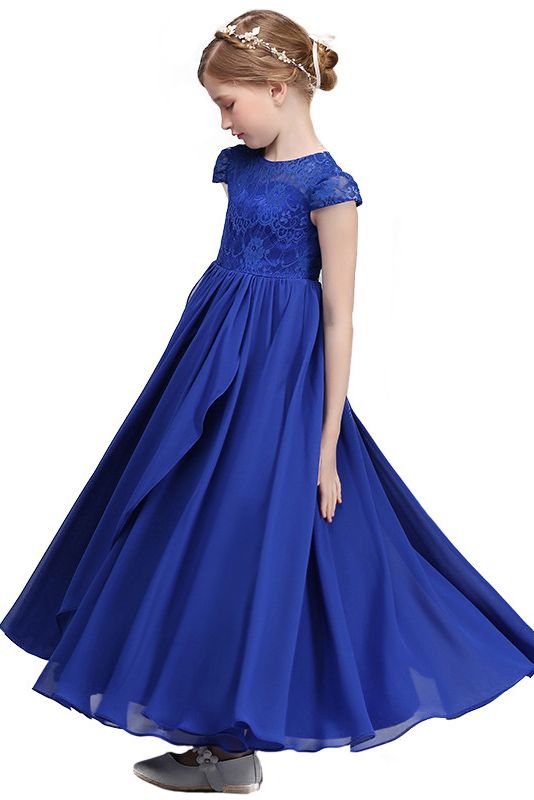 Lace Embellished Royal Blue Illusion Neck Flower Girl Dress