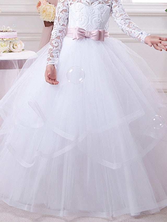 Lace Tulle Ball Gown Flower Girl Dress with Lace Appliques & Buttons
