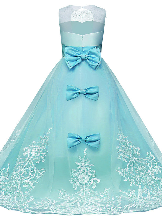 Lace Tulle Princess Maxi Flower Girl Dress with Jewel Neck and Bow Paillette