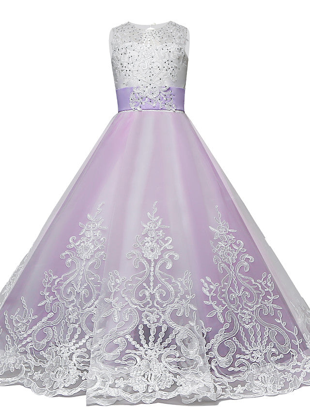 Lace Tulle Princess Maxi Flower Girl Dress with Jewel Neck and Bow Paillette