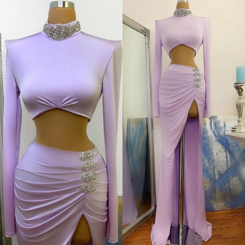 Lavender Two-Piece High Neck Crystal Long Sleeve Prom Dress