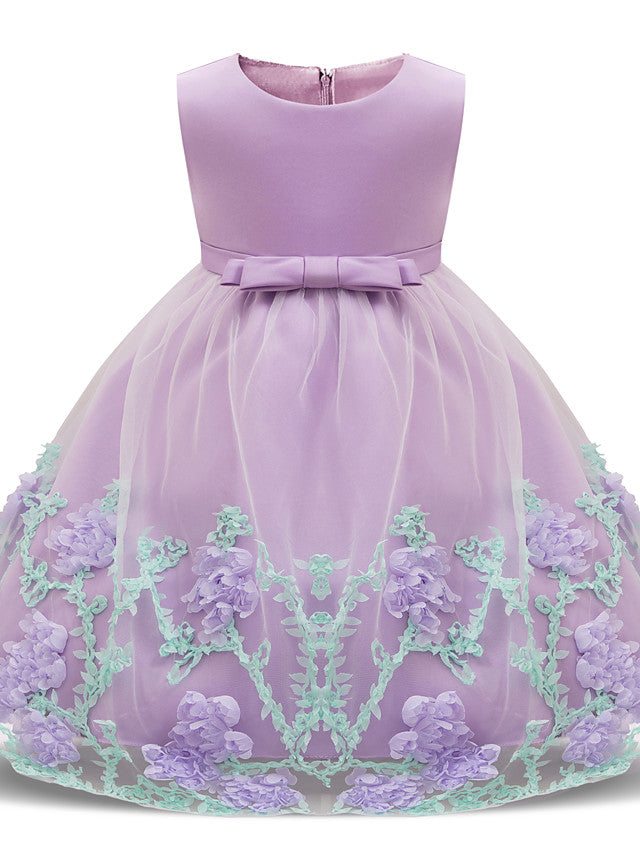 Long Length Sleeveless Jewel Neck Flower Girl Dresses with Satin Tulle and Petal Bow Appliques