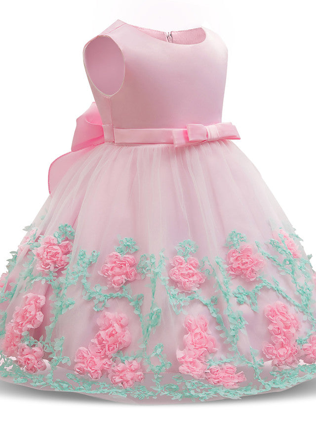 Long Length Sleeveless Jewel Neck Flower Girl Dresses with Satin Tulle and Petal Bow Appliques
