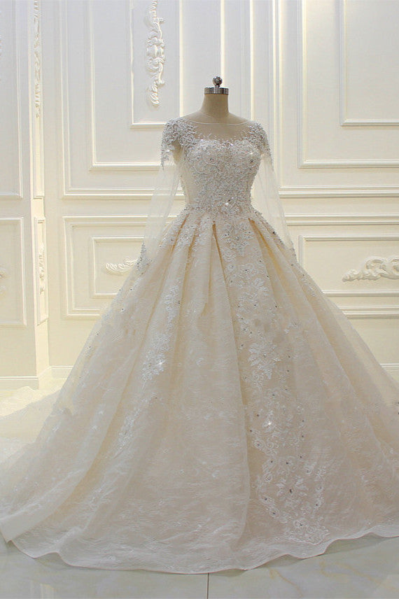 Long Sleeves Ball Gown Wedding Dress with Beading & Lace Appliques