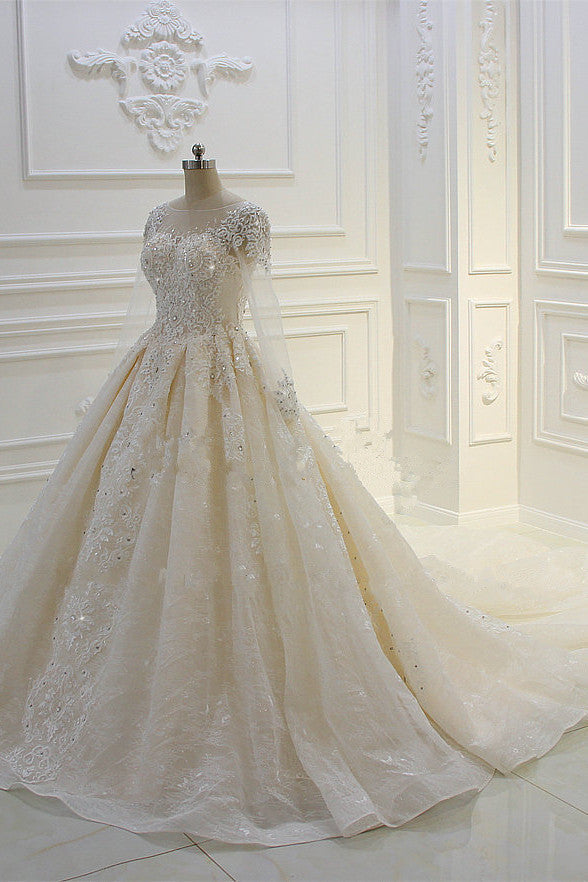 Long Sleeves Ball Gown Wedding Dress with Beading & Lace Appliques