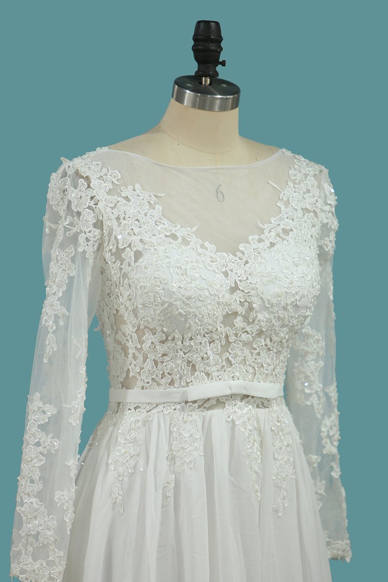 Long Sleeves Bateau Chiffon Wedding Dress With Ruffles