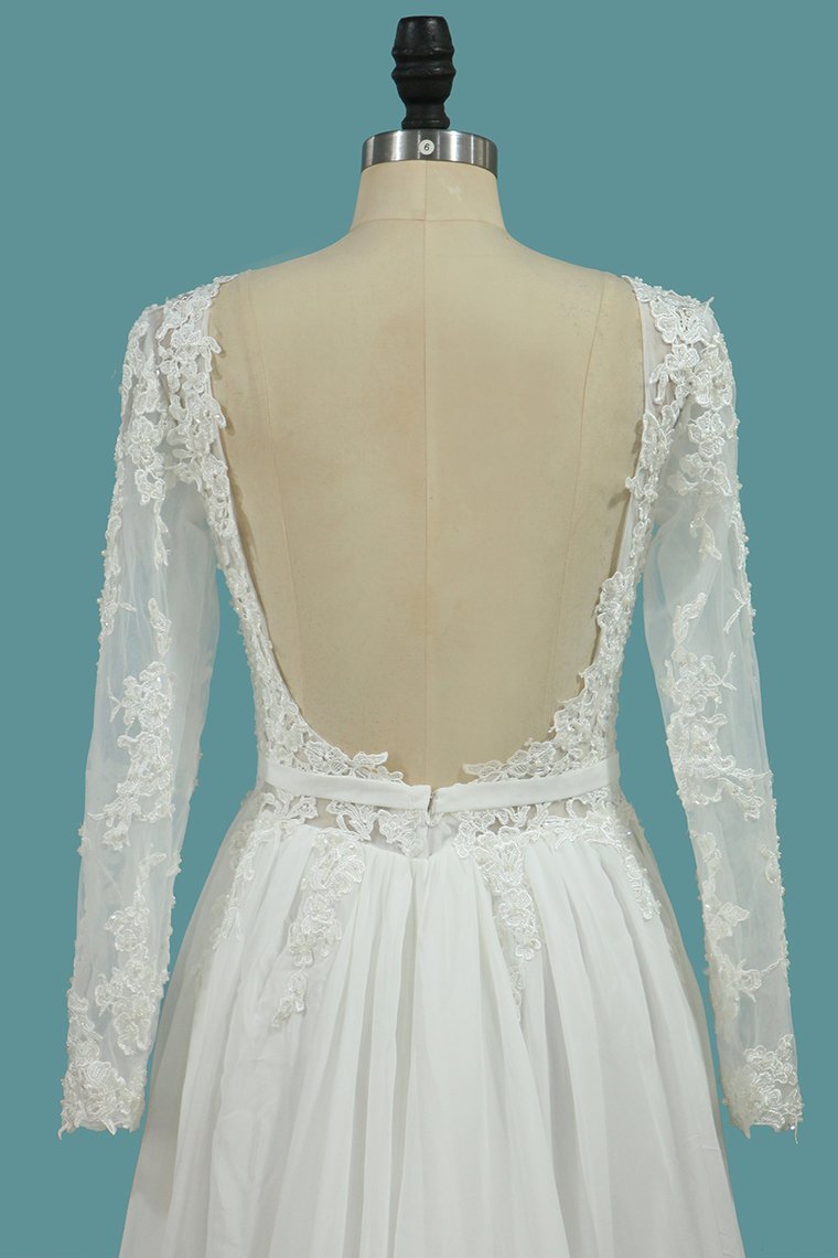 Long Sleeves Bateau Chiffon Wedding Dress With Ruffles