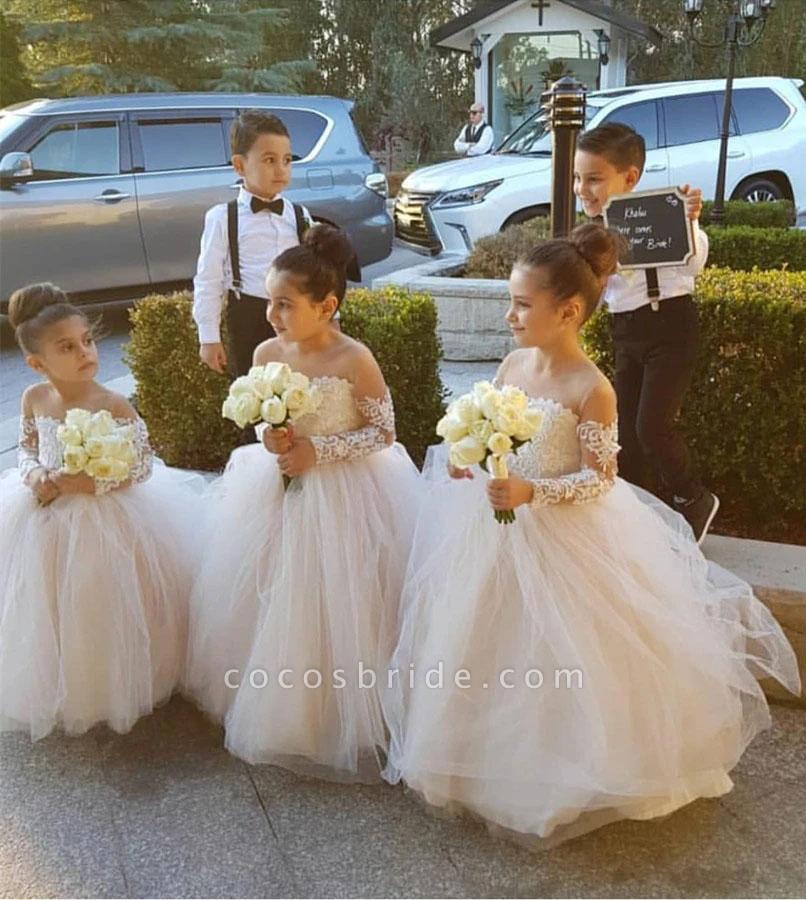 Long Sleeves Boho Ball Gown Flower Girl Dress with Lace Tulle