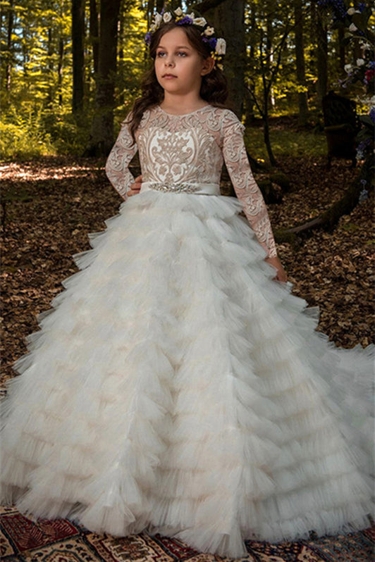 Lovely Lace Appliques Tulle Flower Girl Dress with Long Sleeves
