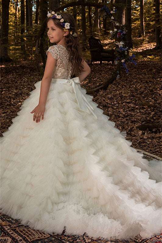 Lovely Lace Appliques Tulle Flower Girl Dress with Long Sleeves