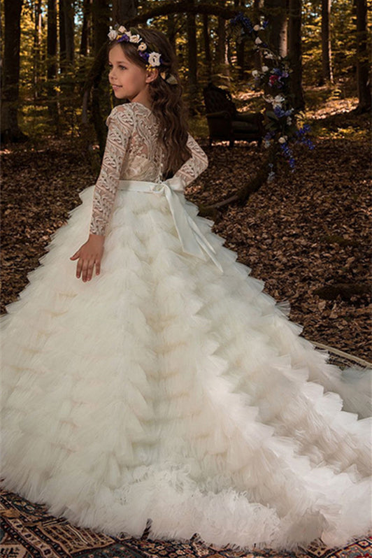 Lovely Lace Appliques Tulle Flower Girl Dress with Long Sleeves