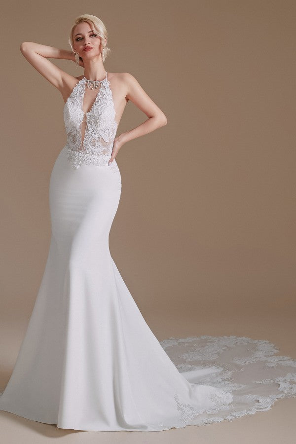 Mermaid Halter Backless Satin Wedding Dress with Appliques Lace