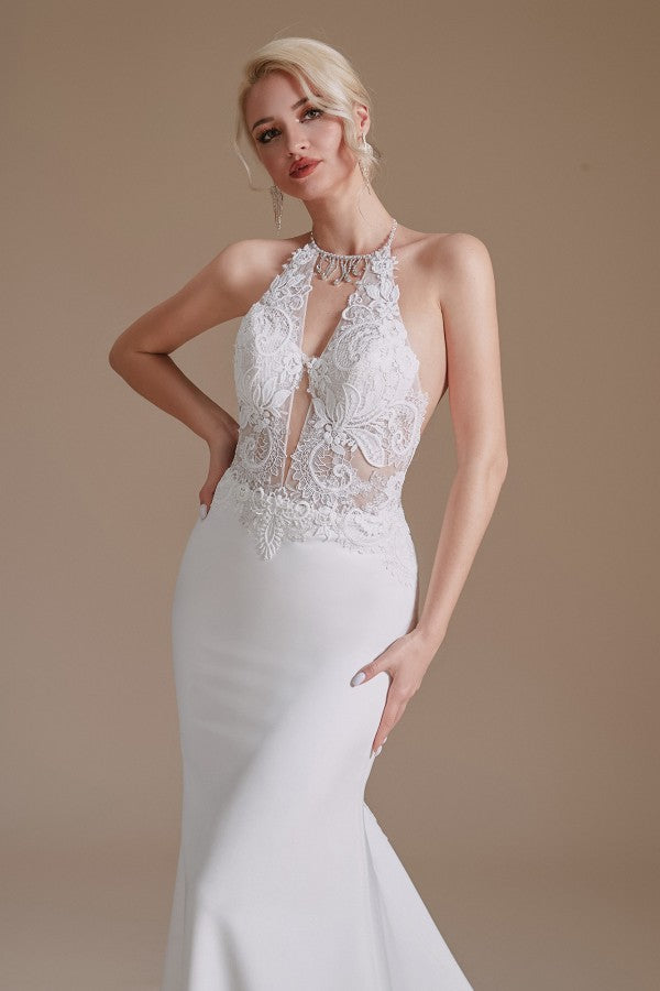 Mermaid Halter Backless Satin Wedding Dress with Appliques Lace
