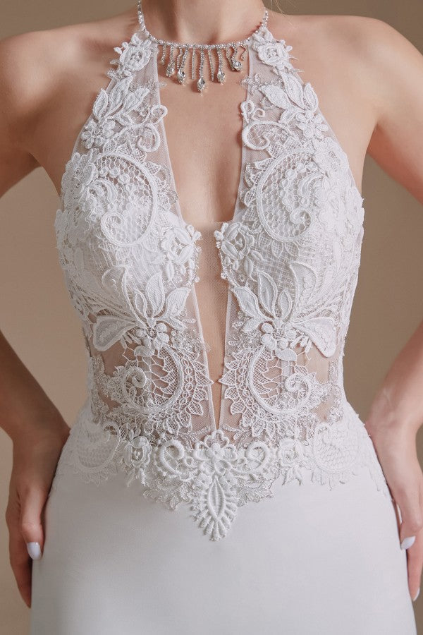 Mermaid Halter Backless Satin Wedding Dress with Appliques Lace