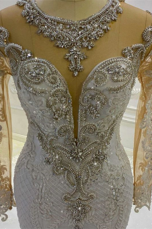 Mermaid Wedding Dress with Long Sleeves, Beadings & Applique