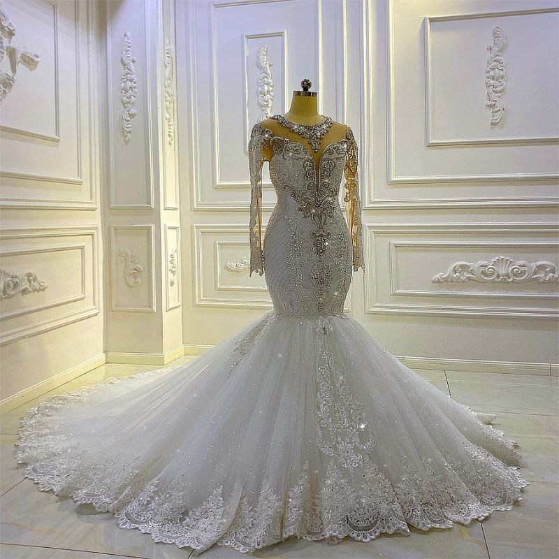 Mermaid Wedding Dress with Long Sleeves, Beadings & Applique