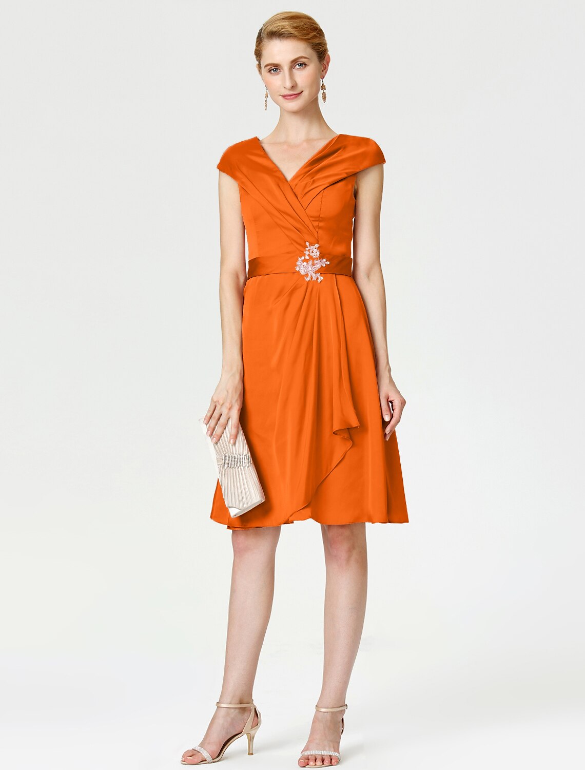Aimishang A-Line Mother of the Bride Dress Elegant V Neck Knee Length Satin Chiffon Short Sleeve No with Sash / Ribbon Pleats Beading